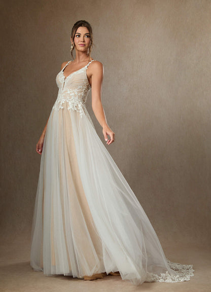 Diamond White Champagne A-Line V-Neck Lace Tulle Dress