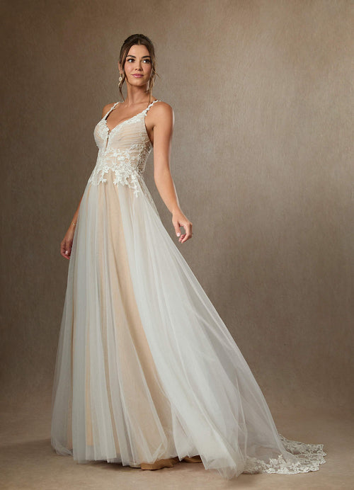 Diamond White Champagne A-Line V-Neck Lace Tulle Dress
