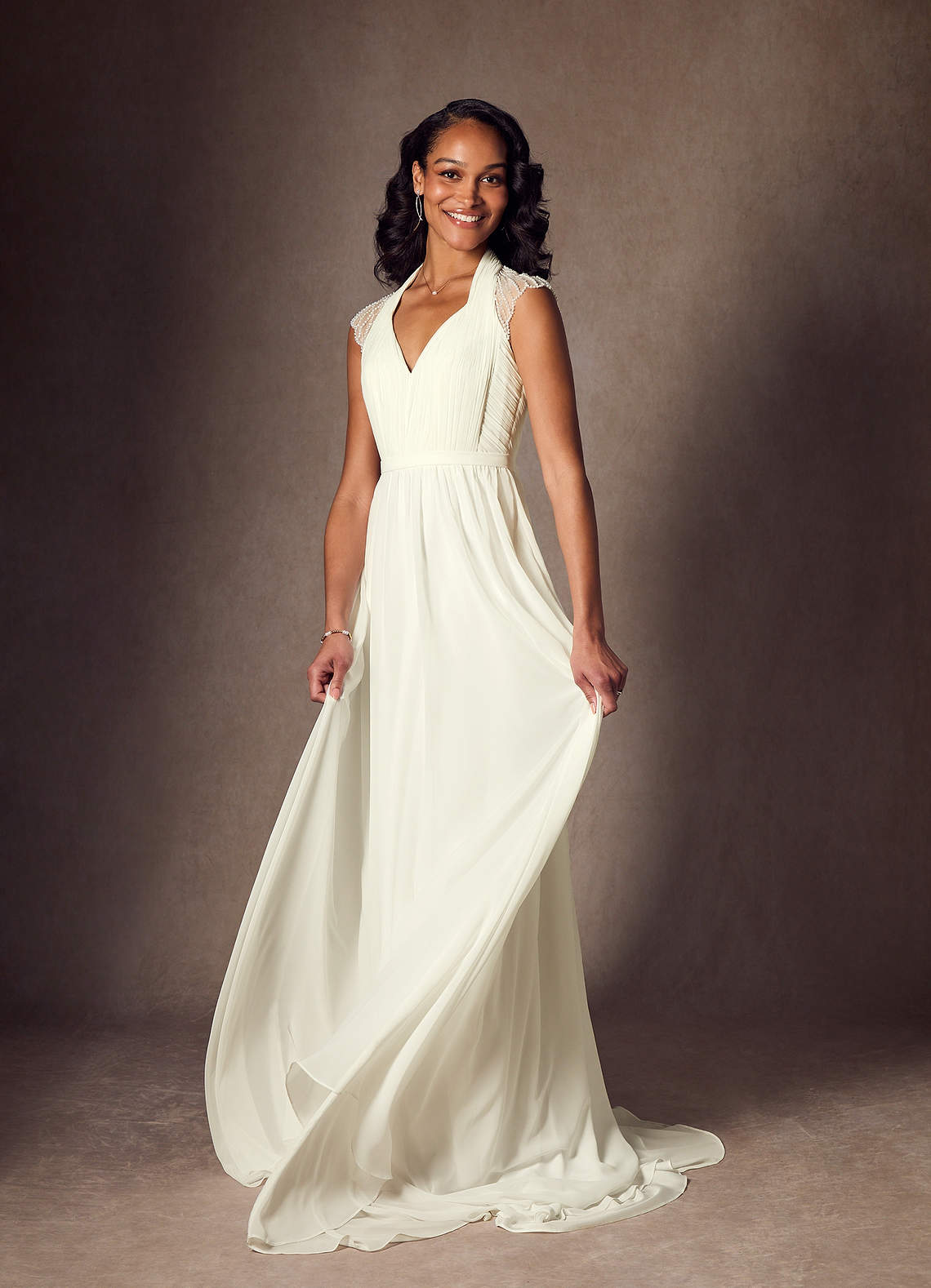 Cream A-Line Pleated Chiffon Dress