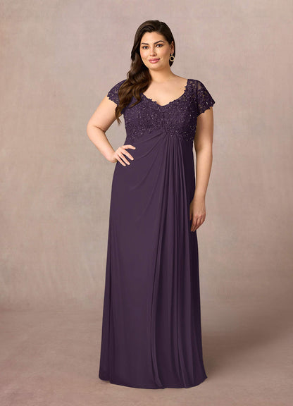 Plum A-Line V-Neck Sequin Lace Lace Dress