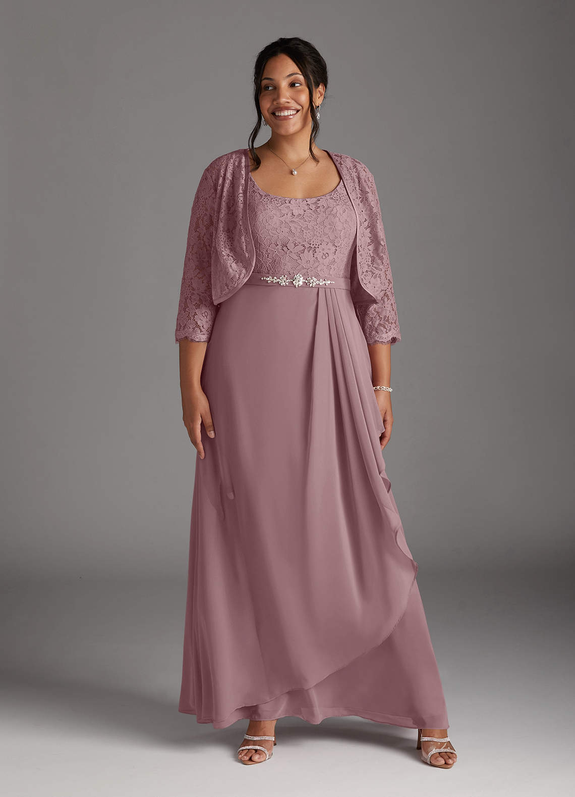 Dusty Rose A-Line Square Neckline Lace Chiffon Dress