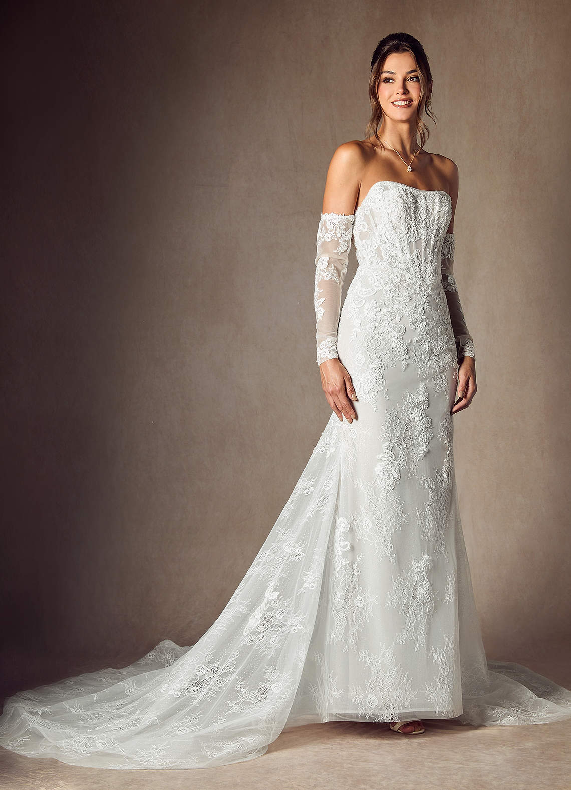 Diamond White Mermaid Strapless Lace Dress