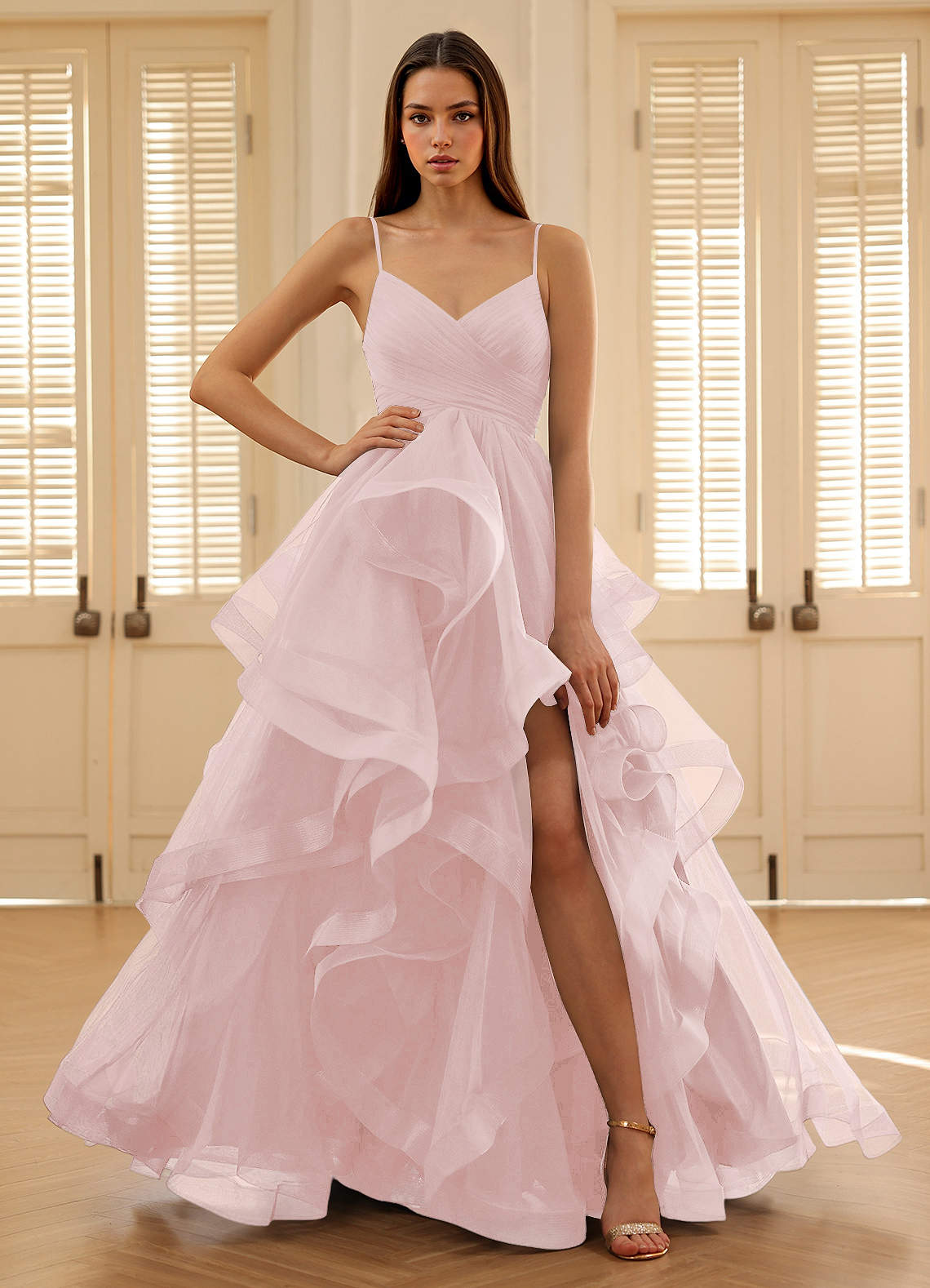 Carmencita Powder Pink A-Line Ruffles Prom Dress