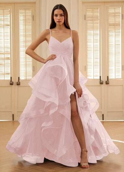 Carmencita Powder Pink A-Line Ruffles Prom Dress