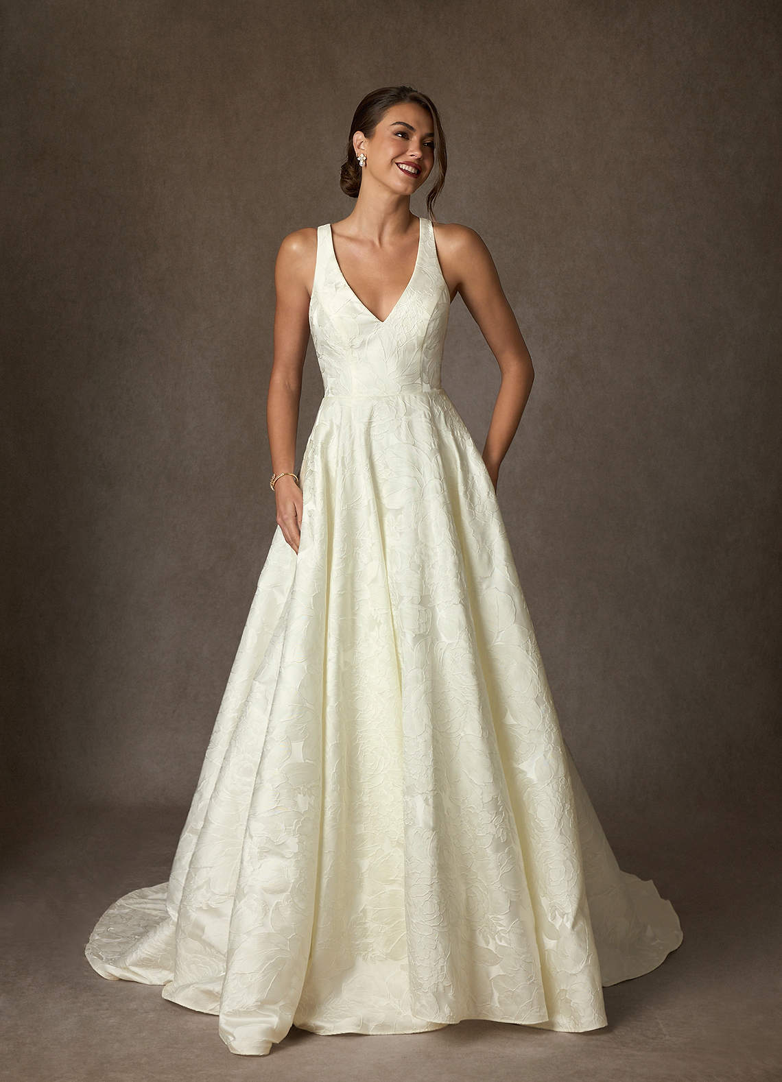Antique White Ball-Gown Strap Floral Jacquard Dress