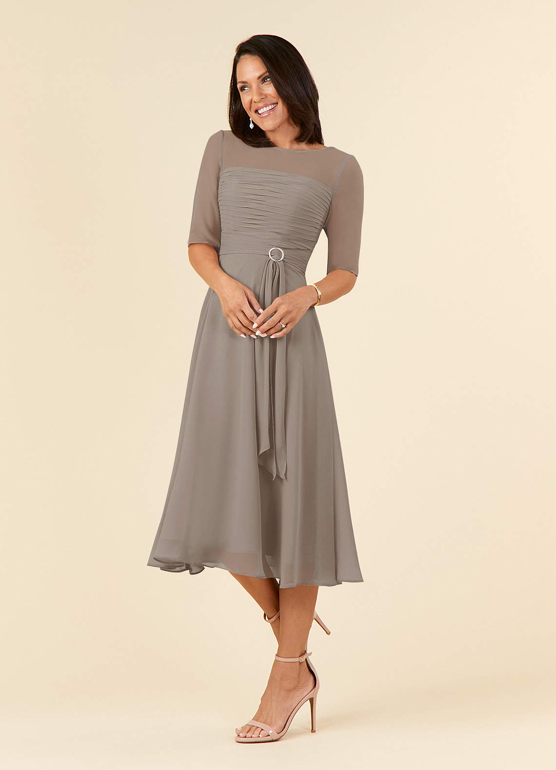 Taupe A-Line Boatneck Pleated Chiffon Dress