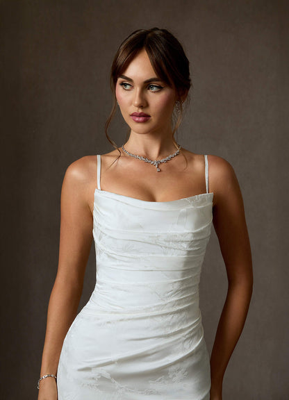 Diamond White Mermaid Strapless Floral Jacquard Dress