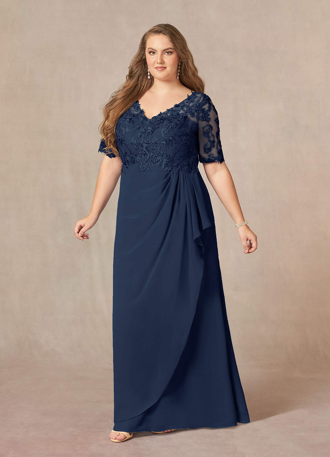 Dark Navy A-Line V-Neck Lace Chiffon Dress