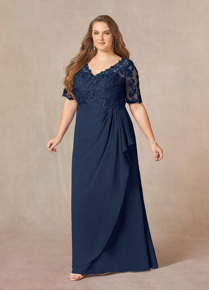 Dark Navy A-Line V-Neck Lace Chiffon Dress