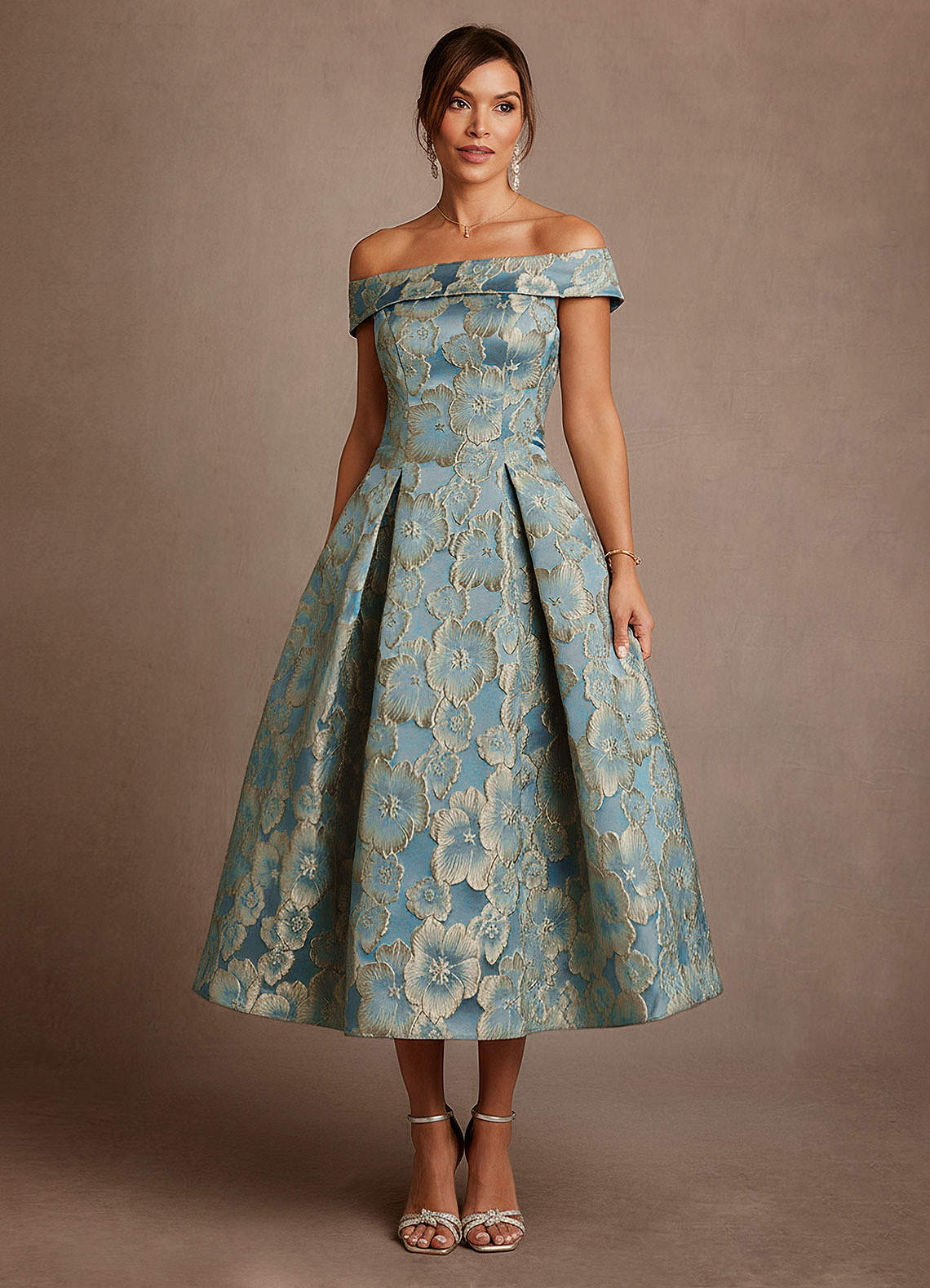 Lake Blue Jacquard A-Line Off the Shoulder Floral Jacquard Dress