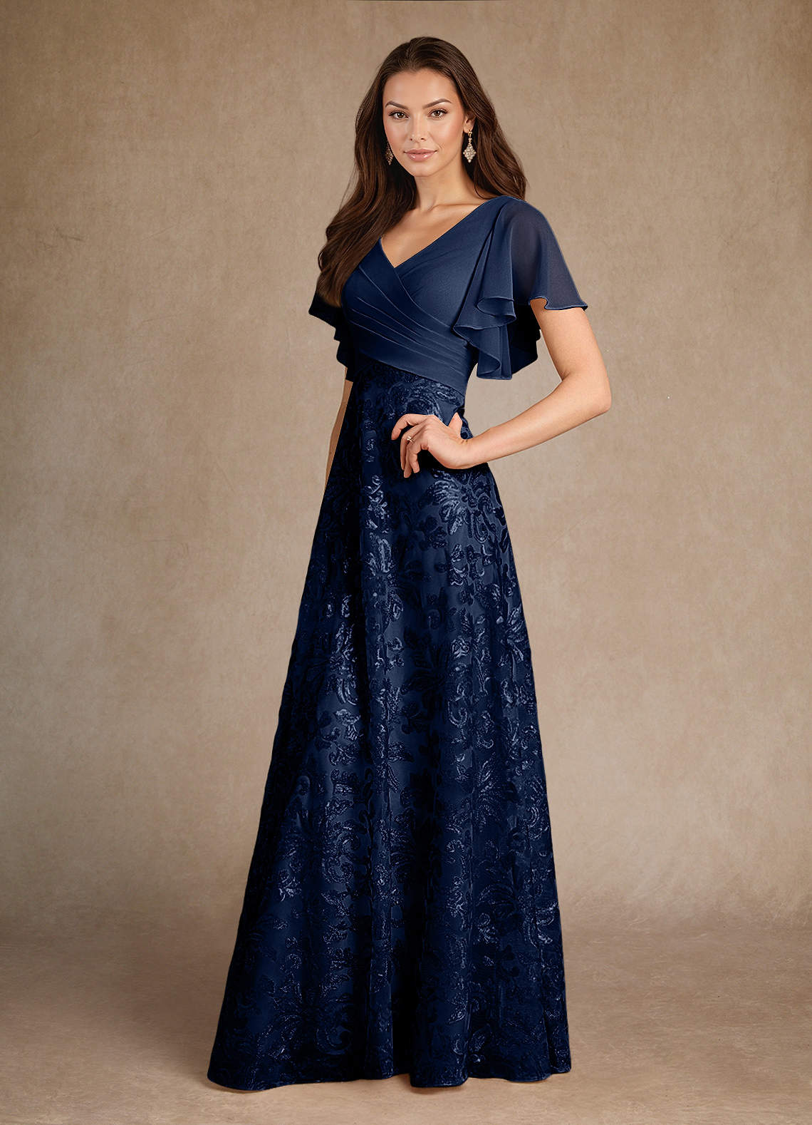 Dark Navy A-Line Pleated Lace Dress
