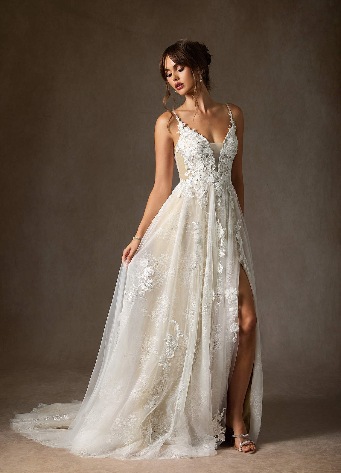 Diamond White Champagne A-Line Lace Tulle Dress