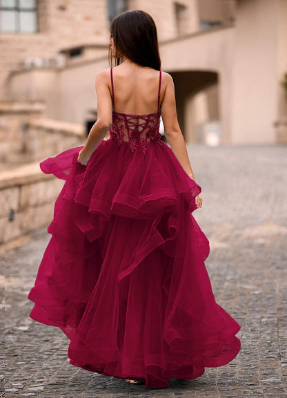 Dreama Burgundy Lace Corset Ruffle Prom Dress  Dress