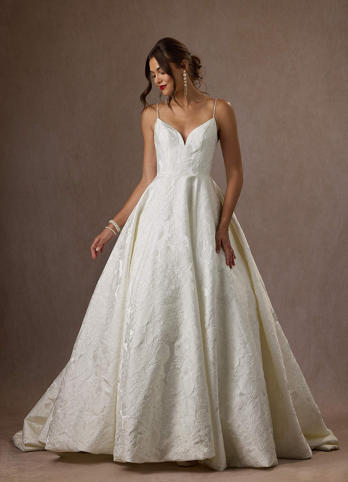 Antique White Ball-Gown with Pockets Floral Jacquard Dress