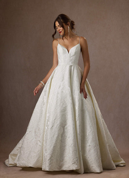Antique White Ball-Gown with Pockets Floral Jacquard Dress