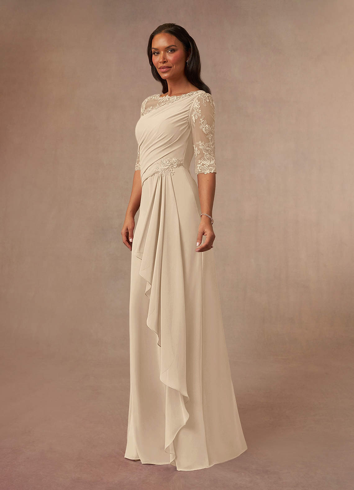Champagne A-Line Boatneck Lace Chiffon Dress