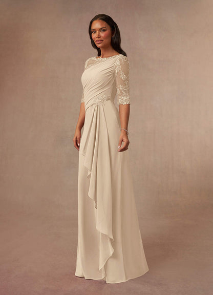 Champagne A-Line Boatneck Lace Chiffon Dress