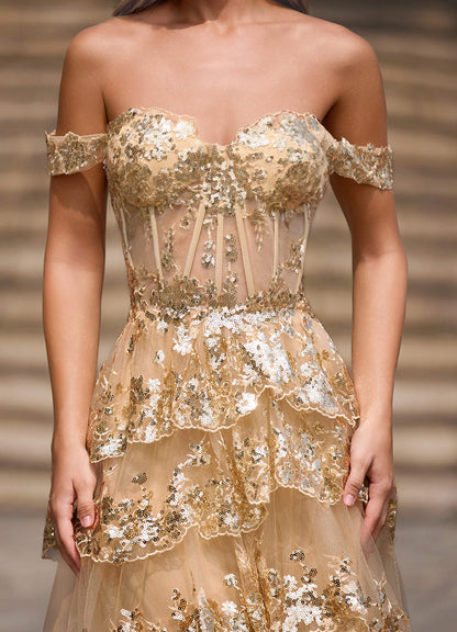 Glitz Champagne Ruffled A-Line Prom Dress  Dress