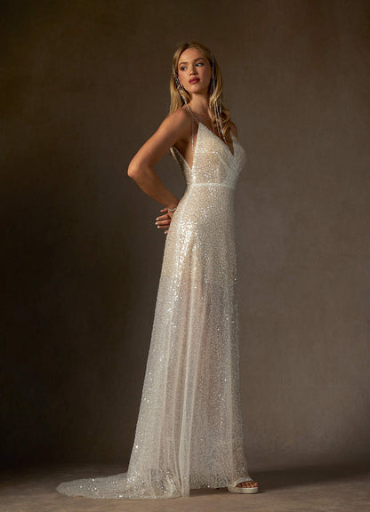 Diamond White Champagne A-Line V-Neck Sequins Sequins Dress