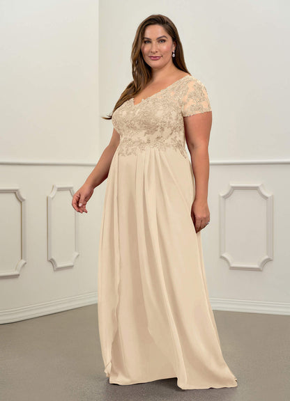 Champagne A-Line V-Neck Lace Chiffon Dress