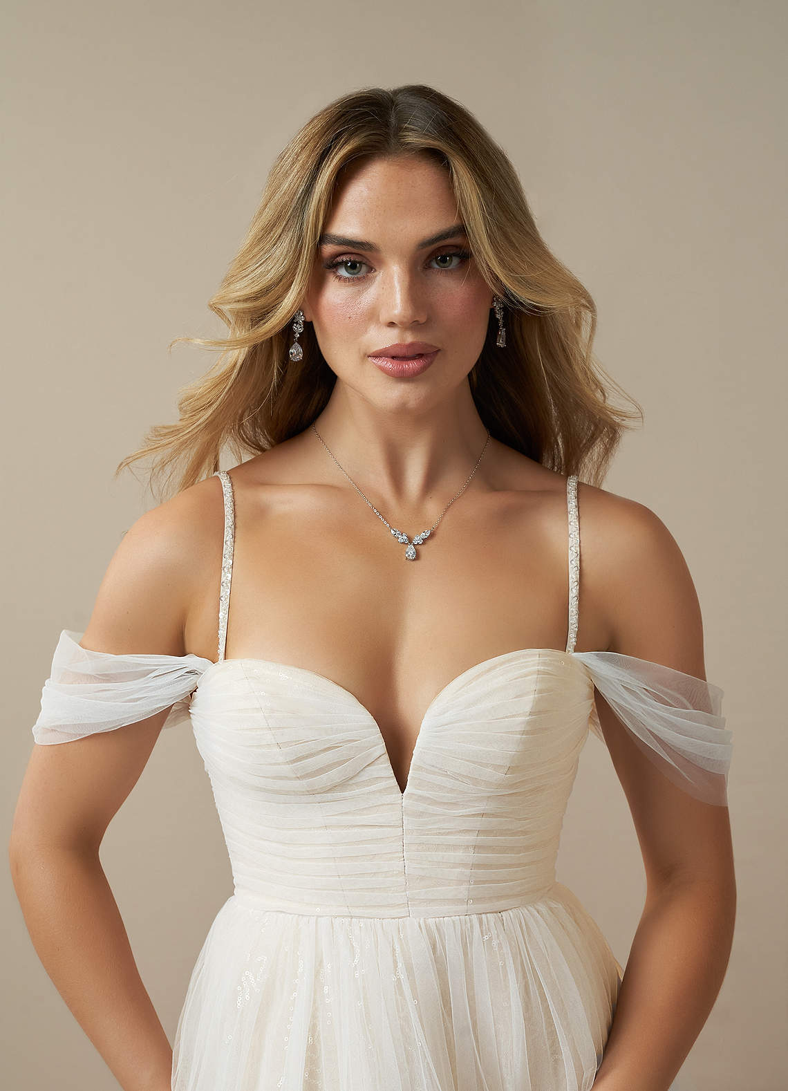 Diamond White Champagne A-Line Off the Shoulder Tulle Dress