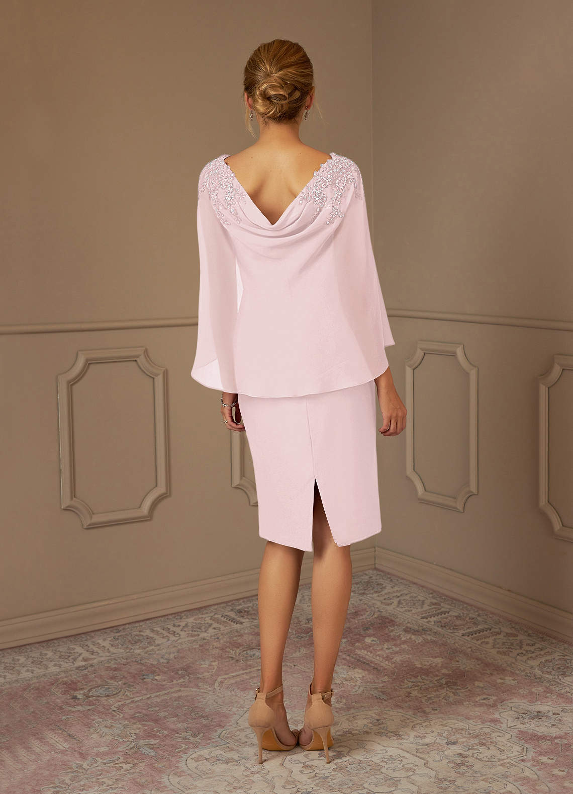 Blushing Pink Sheath Lace Chiffon Dress