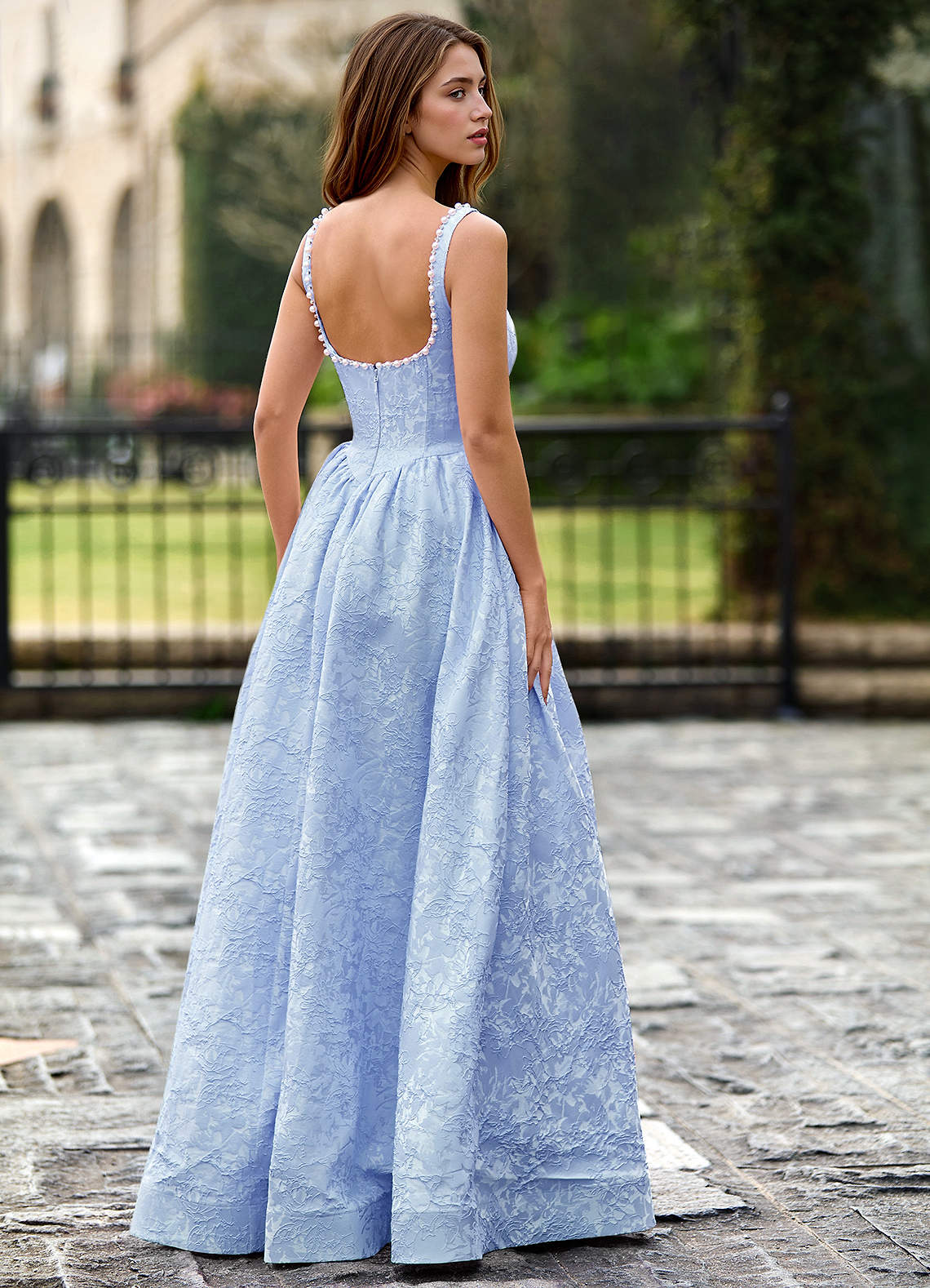 Thyme Sky Blue A-Line 3D Flowers Prom Dress