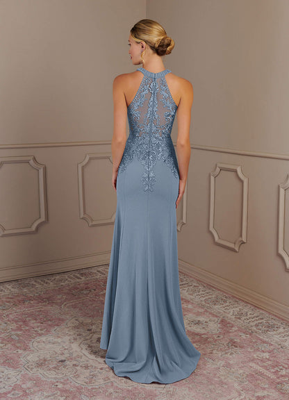 Dusty Blue Mermaid Halter Lace Stretch Crepe Dress