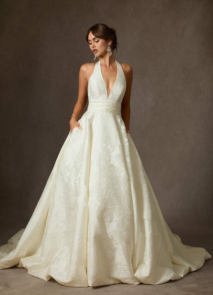 Antique White Ball-Gown with Pockets Floral Jacquard Dress