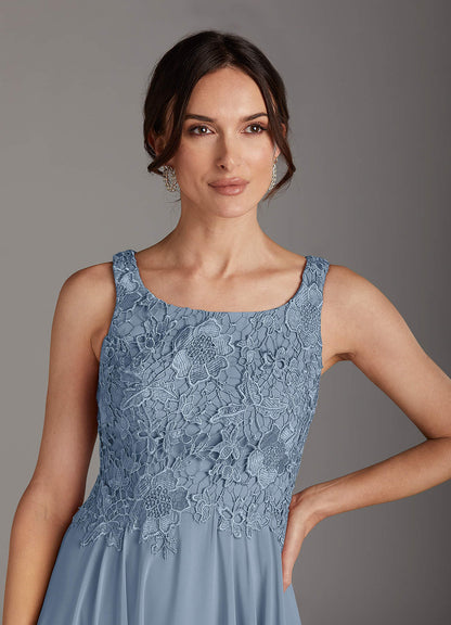 Dusty Blue A-Line Scoop lace Chiffon Dress