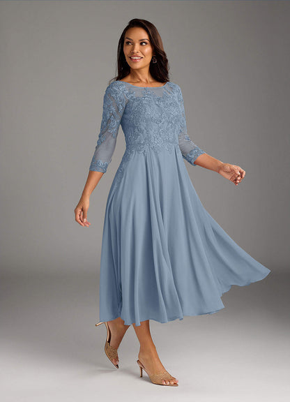 Dusty Blue A-Line Scoop Lace Chiffon Dress