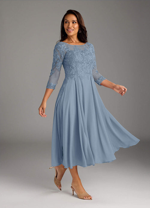 Dusty Blue A-Line Scoop Lace Chiffon Dress