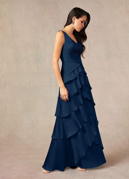 Dark Navy A-Line Pleated Stretch Satin Dress