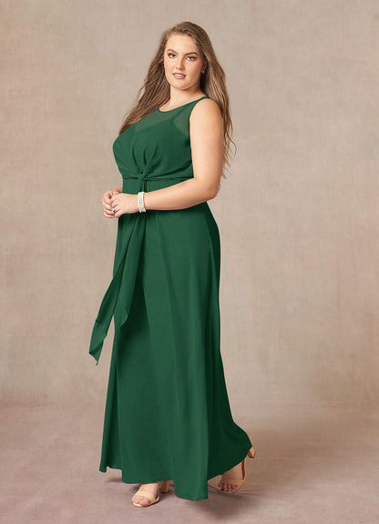 Dark Green A-Line Scoop Pleated Chiffon Dress