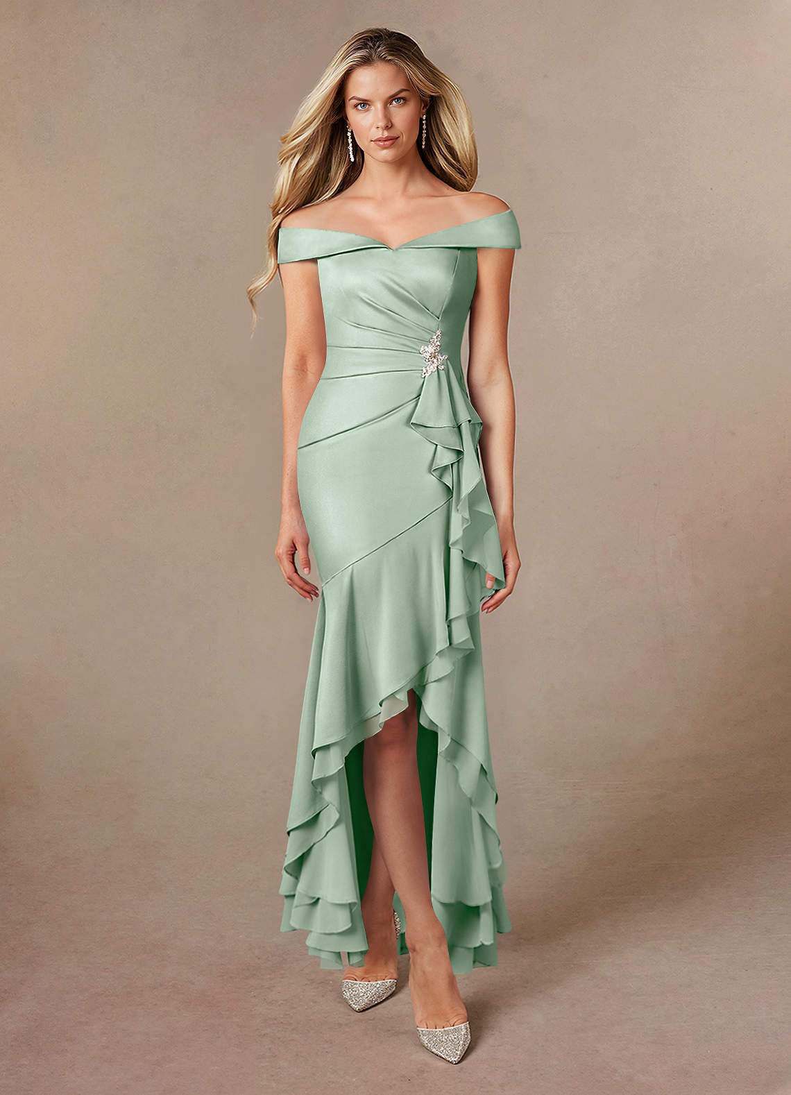 Agave Mermaid Off the Shoulder Stretch Satin Dress