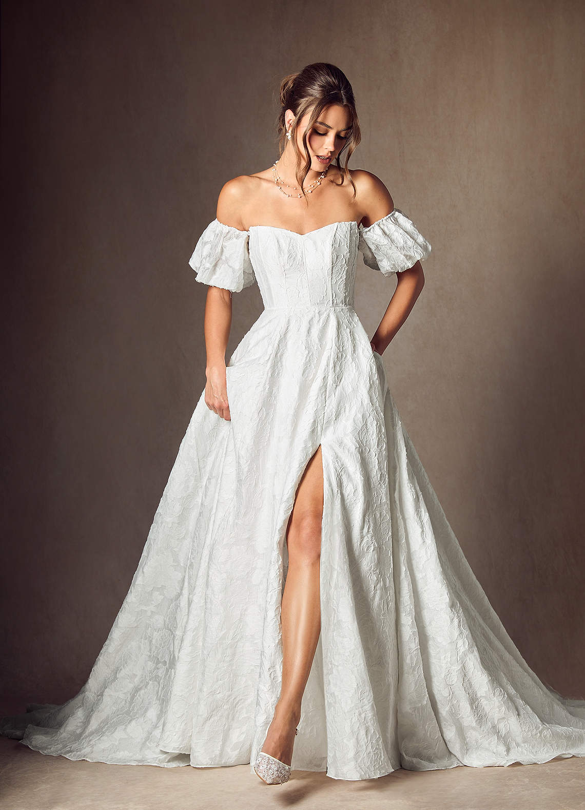 Diamond White Ball-Gown Sweetheart Neckline Floral Burnout Jacquard Dress