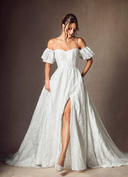 Diamond White Ball-Gown Sweetheart Neckline Floral Burnout Jacquard Dress