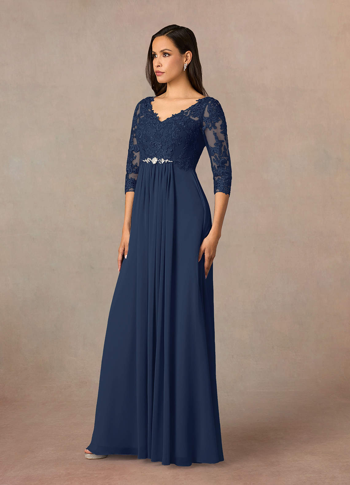 Dark Navy A-Line V-Neck Lace Chiffon Dress