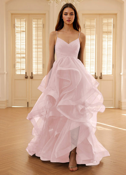 Carmencita Powder Pink A-Line Ruffles Prom Dress