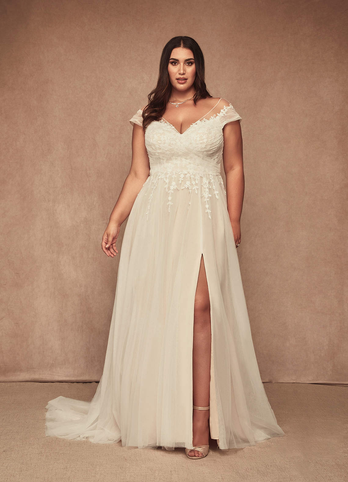 Diamond White Champagne A-Line V-Neck Tulle Dress