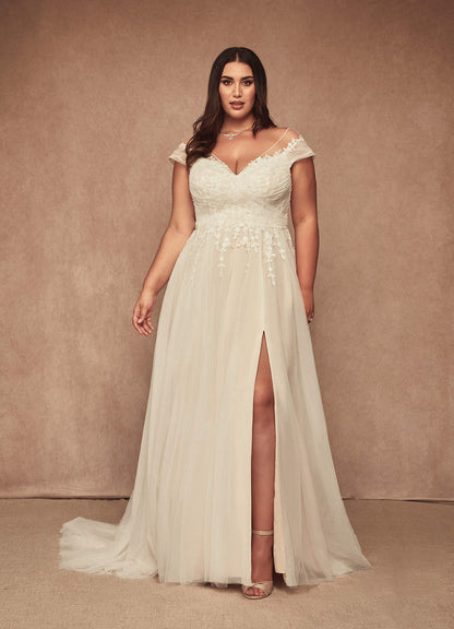 Diamond White Champagne A-Line V-Neck Tulle Dress