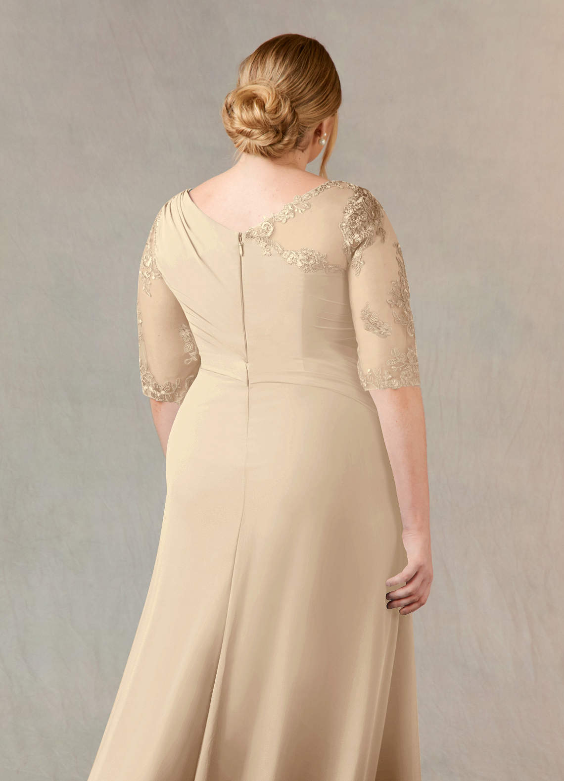 Champagne A-Line Boatneck Lace Chiffon Dress