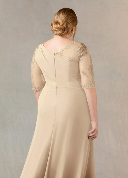 Champagne A-Line Boatneck Lace Chiffon Dress