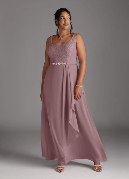 Dusty Rose A-Line Square Neckline Lace Chiffon Dress