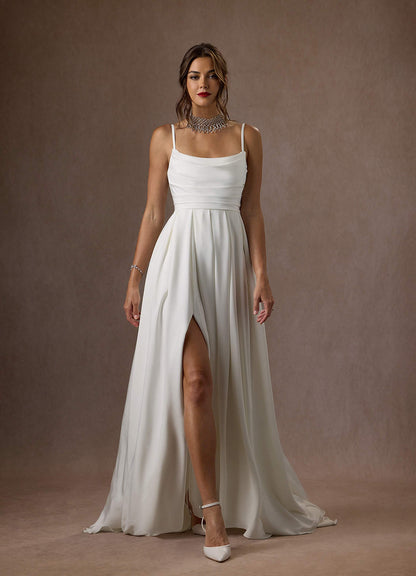 Diamond White A-Line Scoop Pleated Crepe Back Satin Dress