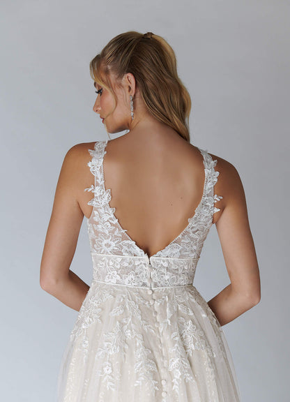 Diamond White Champagne A-Line Sequins Tulle Dress