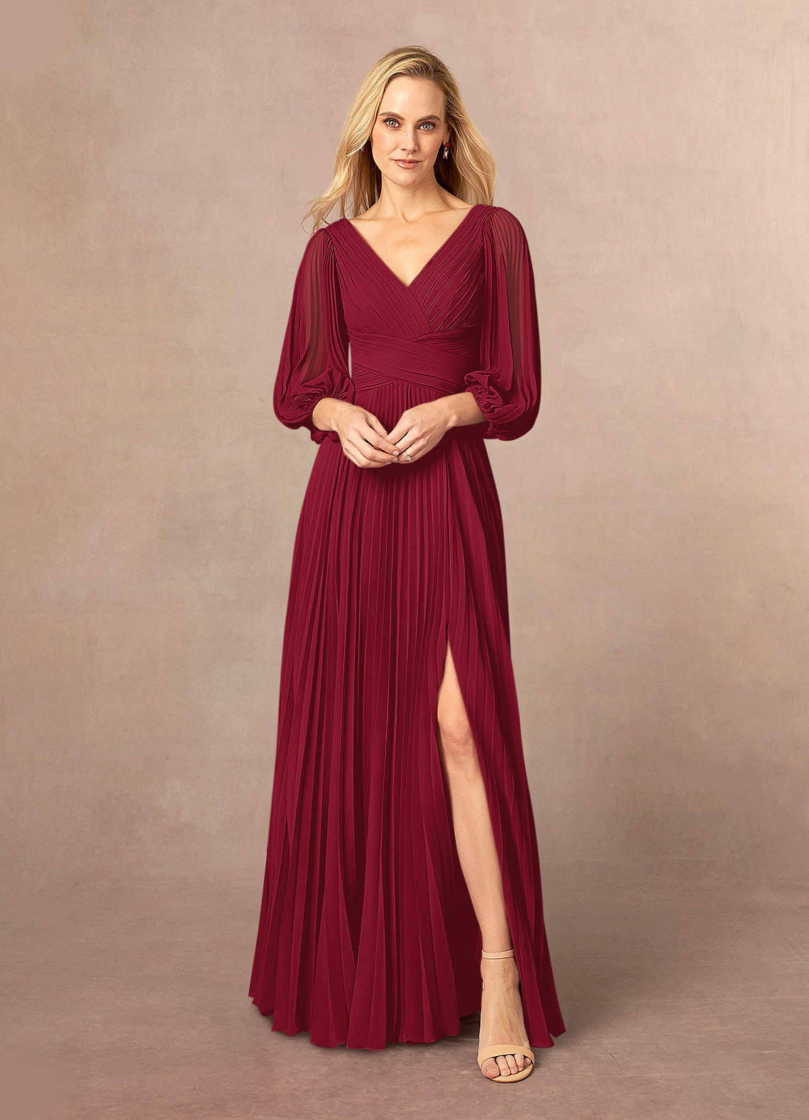 Burgundy A-Line V-Neck Pleated Chiffon Dress