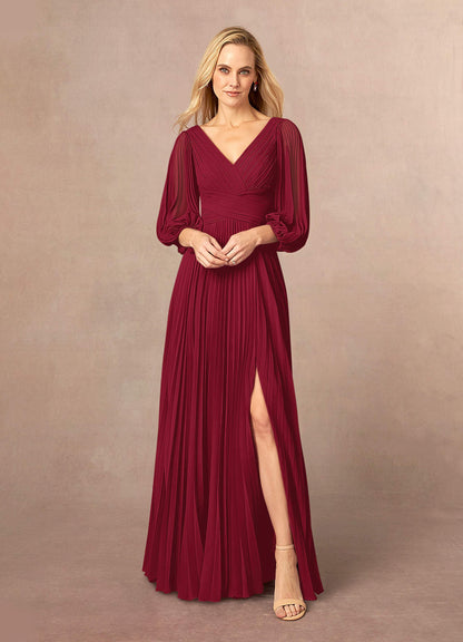 Burgundy A-Line V-Neck Pleated Chiffon Dress