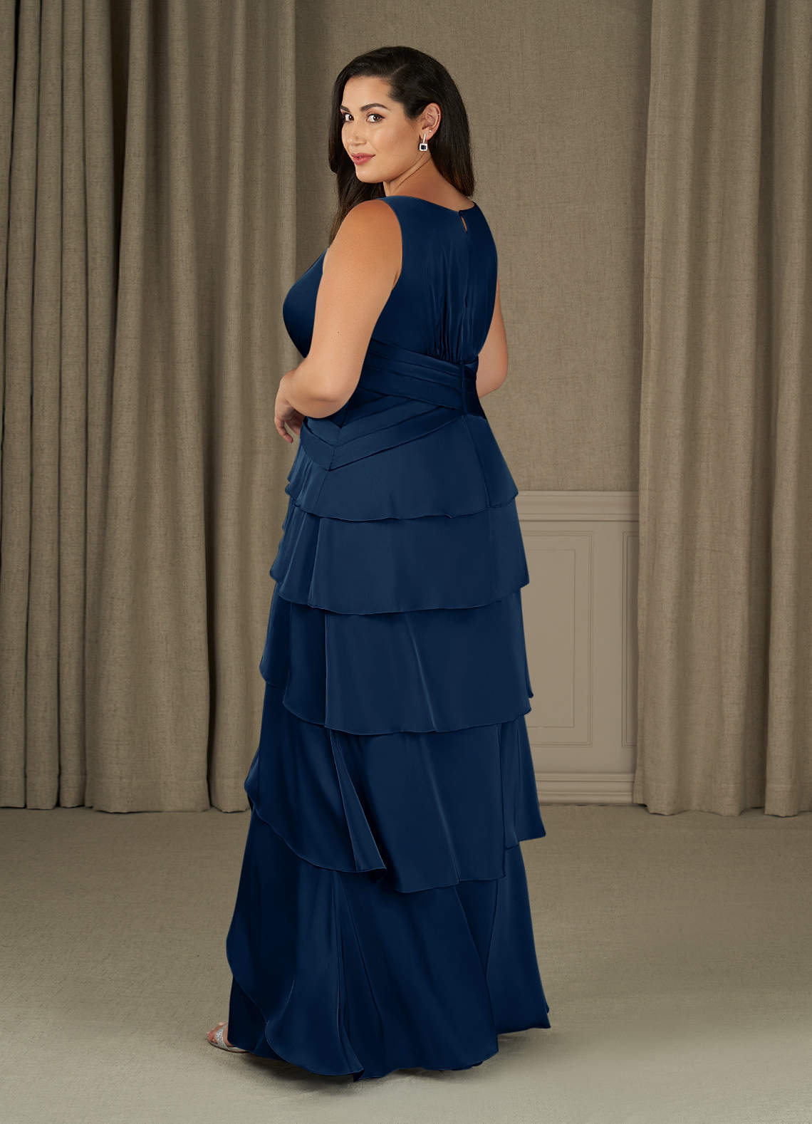 Dark Navy A-Line Pleated Stretch Satin Dress