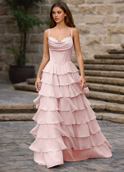 Floralace Powder Pink Ruffled A-Line Prom Dress  Dress